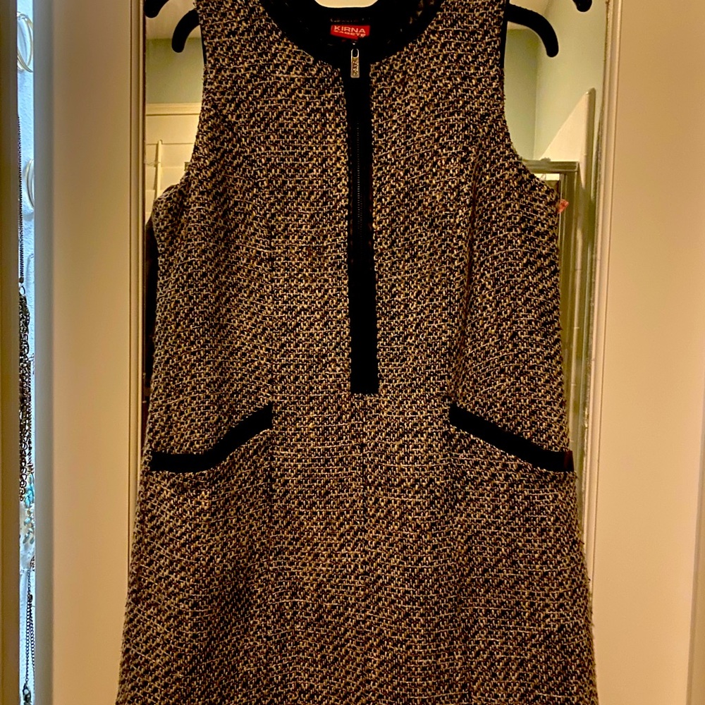 Kirna Zabete Tweed Dress Zip Front Faux Leather